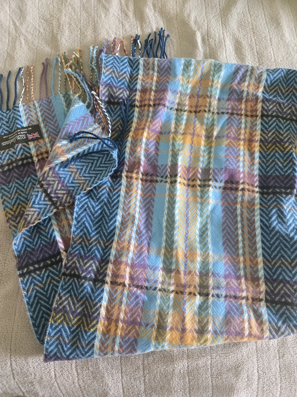 Blue & Mustard Plaid Fringe Scarf